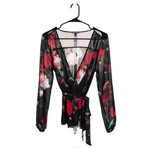 Express Womens Blouse Floral Lace Belted Sheer Y2K Spring Shirt V-Neck Top Small